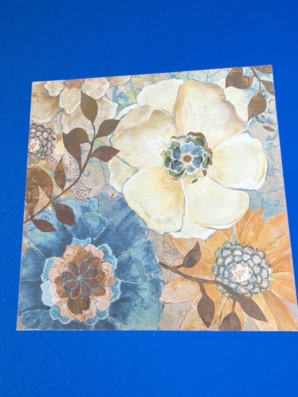 Floral Wall Art Canvas in Blue, Cream, Orange